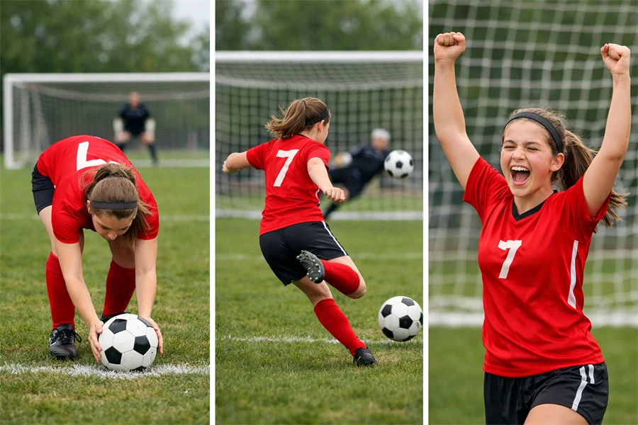 Bildsekvenser av en fotbollsspelare som lägger en straff och gör mål
