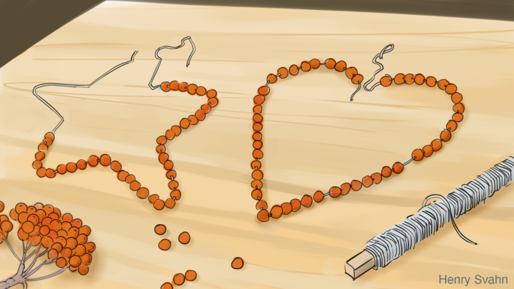 Bild på stältråd och rönnbär. Ett färdigställt hjärta där man trätt på rönnbär på ståltråd som är formad som ett hjärta. 