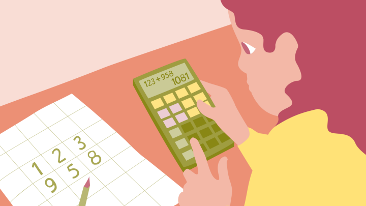 Illustrationm av en flicka som sitter och håller i en miniräknare. Bredvid sig har hon ett skrivblock.