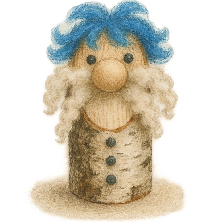 Bild på träfigur med blått hår och långt skägg