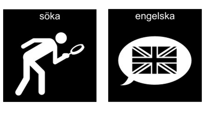 Pictogram: söka och engelska.