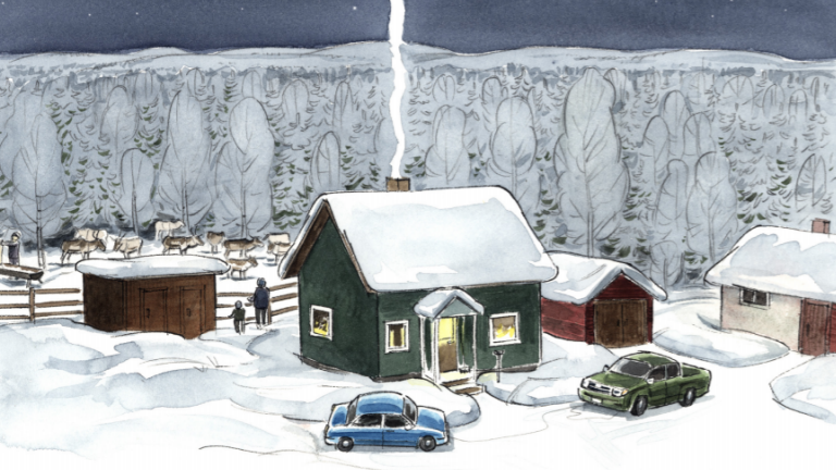 Illustration av ett snöfyllt landskap med hus, tre hyddor och två bilar. Ett skogslandskap bakom.
