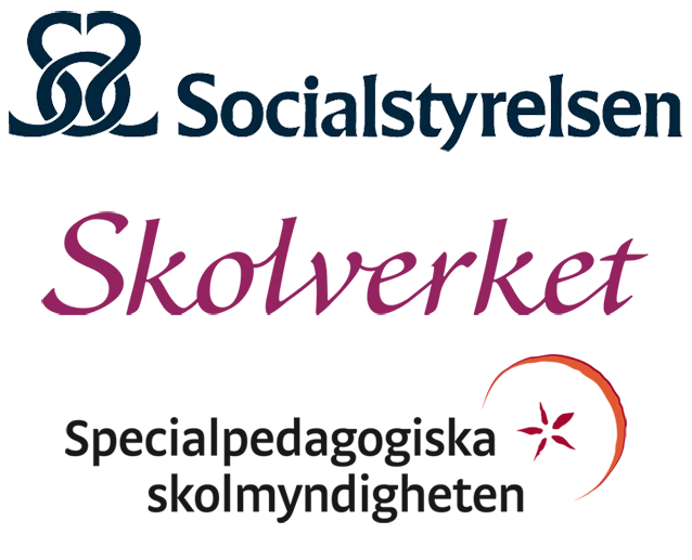 Bilden visar Socialstyrelsens logotyp, Skolverkets logotyp samt SPSM:s logotyp.