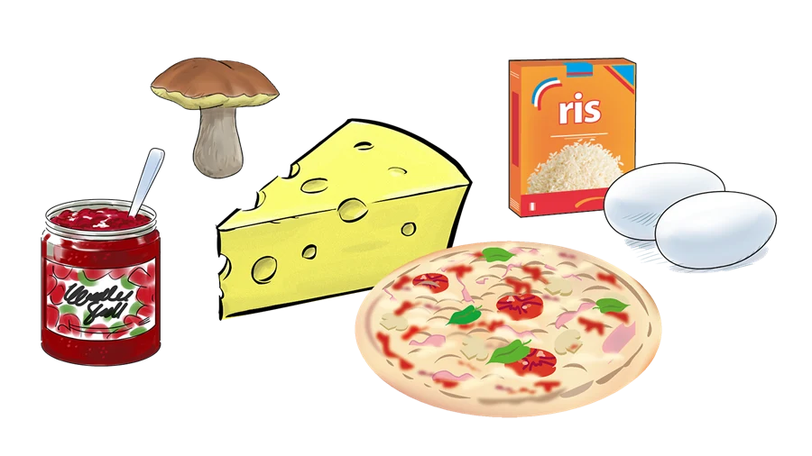 Illustration av en syltburk, karljohansvamp, ost, pizza, ris och ägg