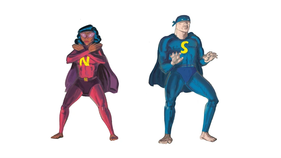 Illustration av två superhjältar.