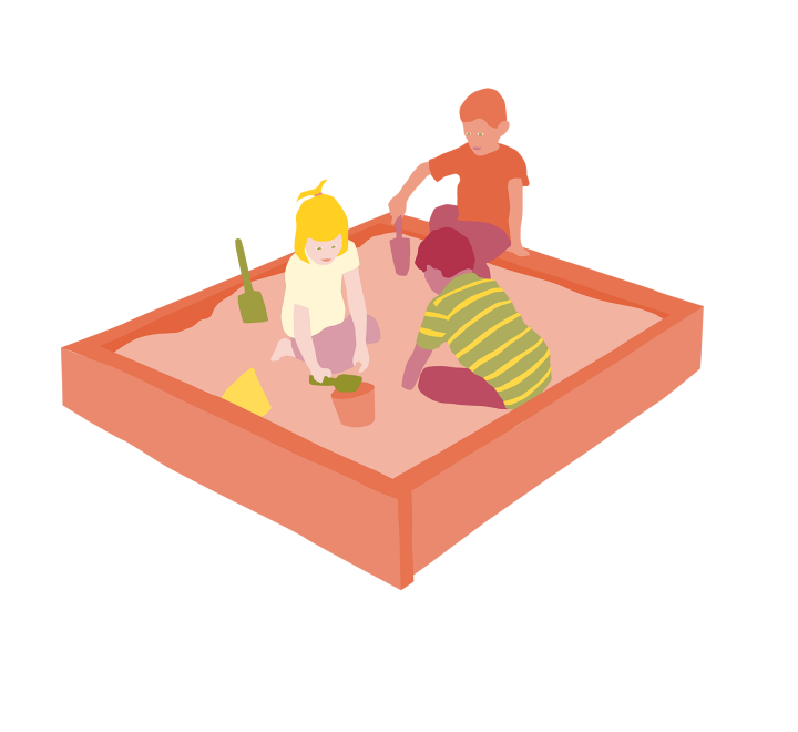 Bilden visar en illustration av tre barn leker i en sandlåda.