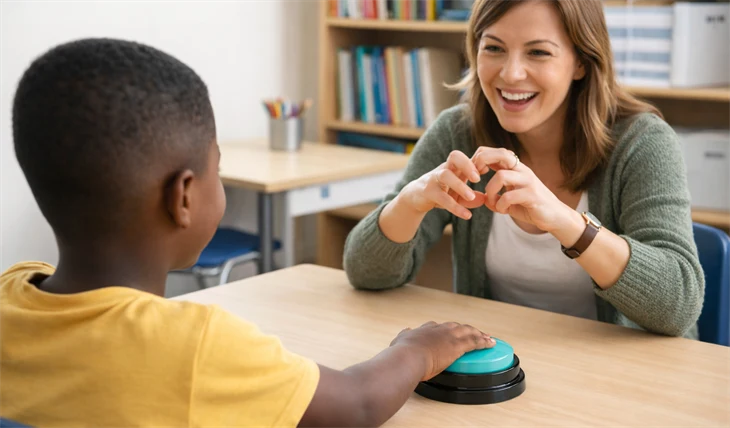 En elev trycker på en styrkontakt. En pedagog sitter mittemot och tecknar till sången som spelas upp när eleven trycker på styrkontakten.