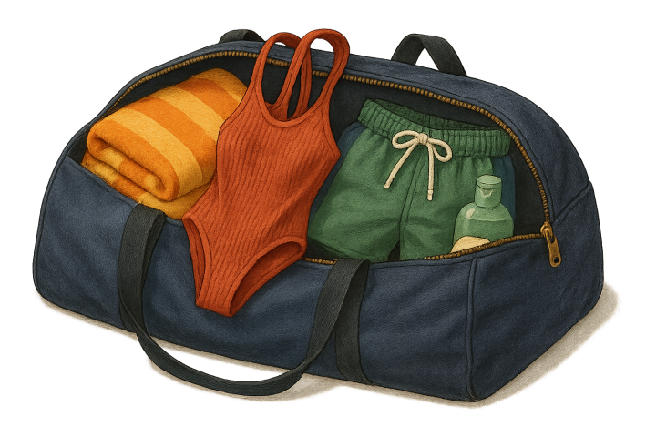 Bild på en väska där man ser nedpackade badkläder.