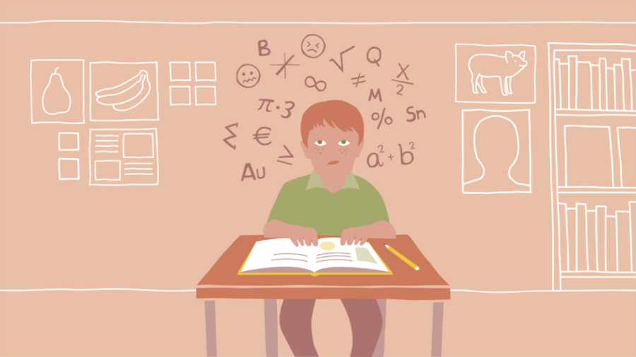 Illustration av en pojke som sitter vid en skolbänk med en bok och penna framför sig. Runt pojkens huvud ser vi många olika symboler.