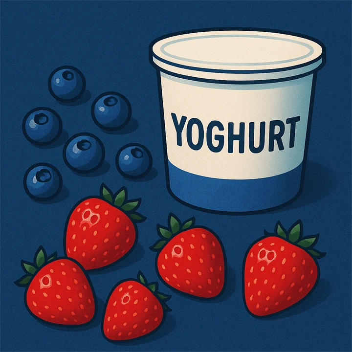 En burk yoghurt med texten ”YOGHURT” bredvid jordgubbar och blåbär.