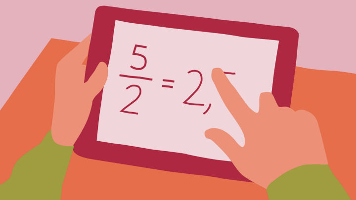 Illustration av två händer som håller i en surfplatta. På skärmen står det: 5/2=2,5