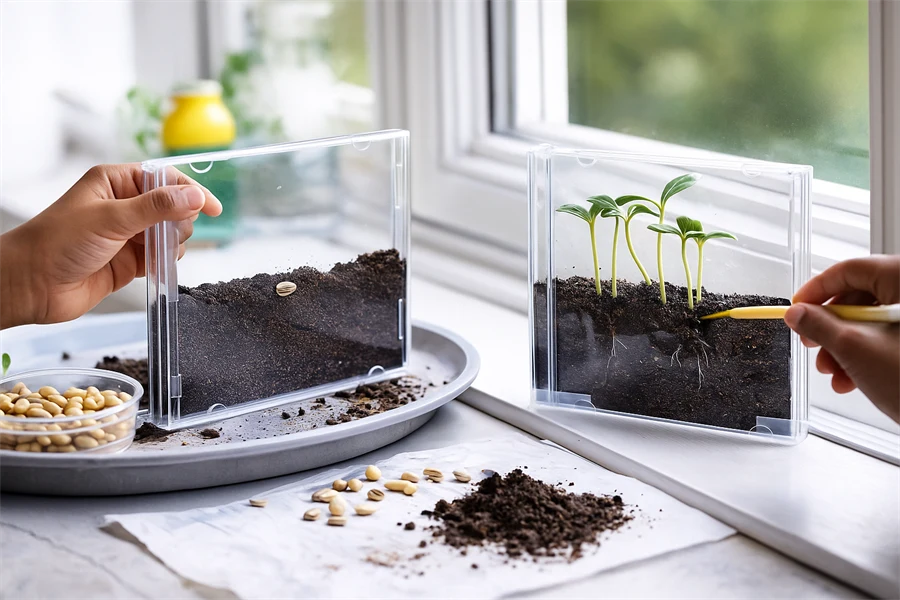 Bild på ett frö i jorden samt hur fröet växer