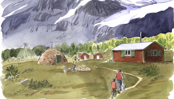 Två personer går en stig upp mot några boningshus. En person står och hugger ved utanför.