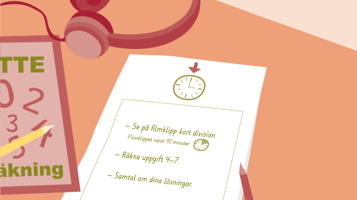 Illustration av ett skrivbord där det ligger hörlurar, penna och skriftliga instruktioner om hur man ska lösa en uppgift