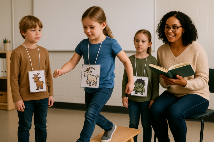 Barn i klassrum som dramatiserar en saga