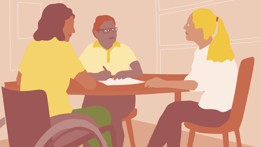 Illustration av tre personer som sitter vid ett bord. En av dem sitter i rullstol.