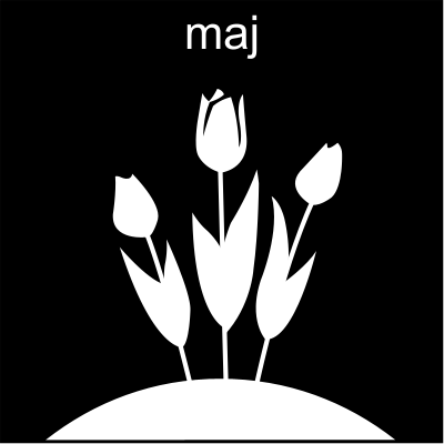 Bilden visar tre stycken blommor med rubriken maj ovanför.