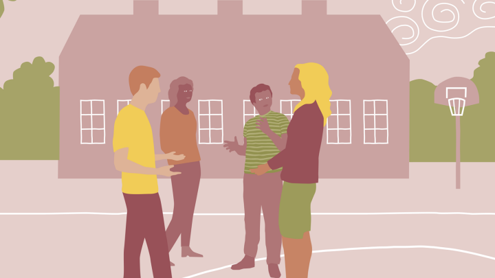 Illustration: Fyra vuxna står och samtalar på en skolgård