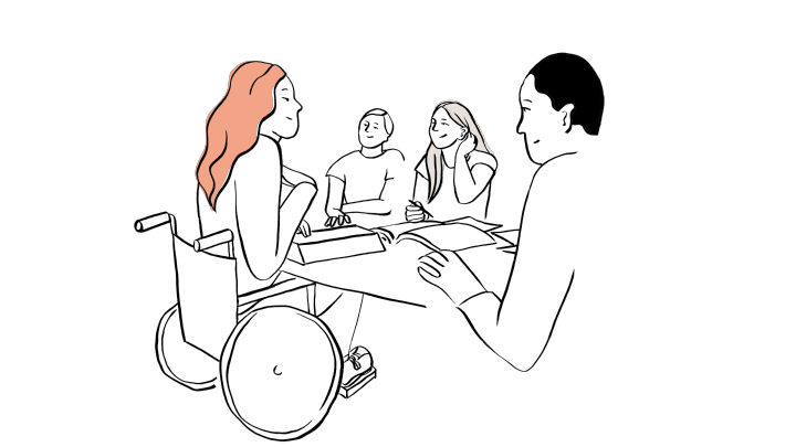 Illustration av en person i rullstol som sitter vid ett bord tillsammans med två andra personer.