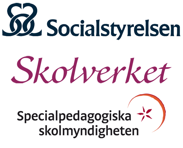 Bilden visar Socialstyrelsens logotyp, Skolverkets logotyp samt SPSM:s logotyp.