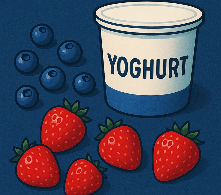 En burk yoghurt med texten ”YOGHURT” bredvid jordgubbar och blåbär.