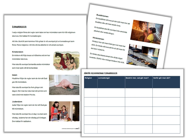 Bildmontage som visar material som eleverna ska arbeta med; två sidor med text och bilder och ett arbetsblad med en tabell för att samla information.