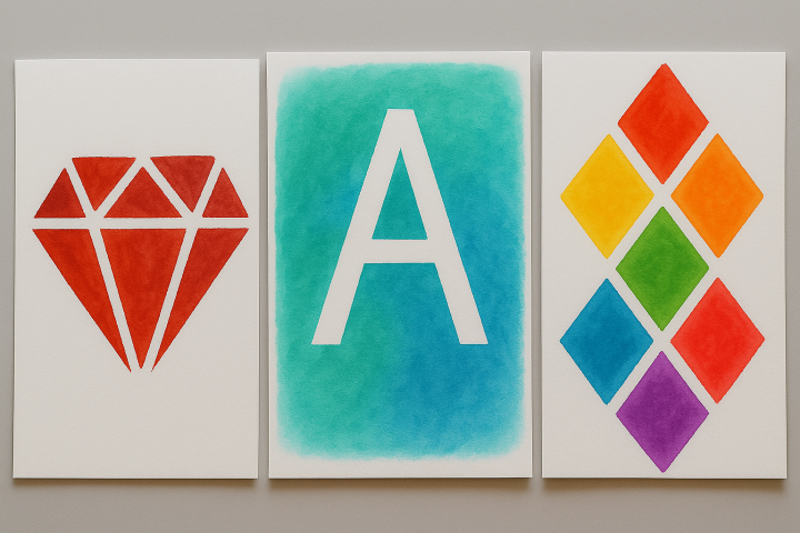 Bild på tre tavlor som är målad med hjälp av maskeringstejp