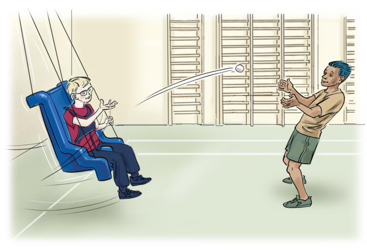 En person i en sittgunga som kastar boll med en stående elev.