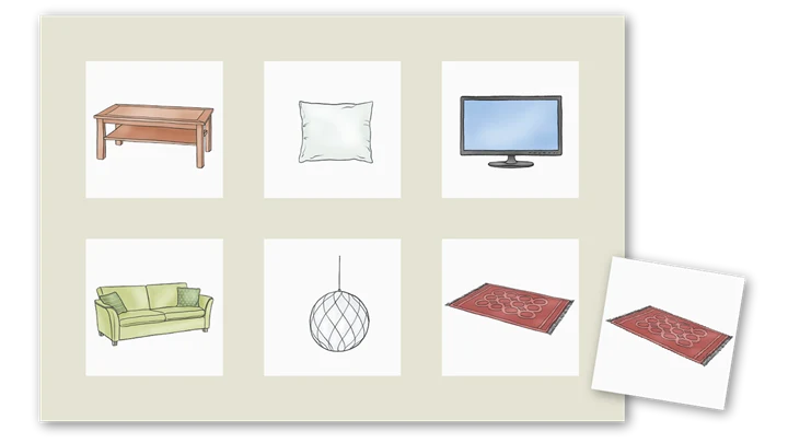 Illustrationer av ett soffbord, en soffa, en kudde, en taklampa, en tv och två mattor