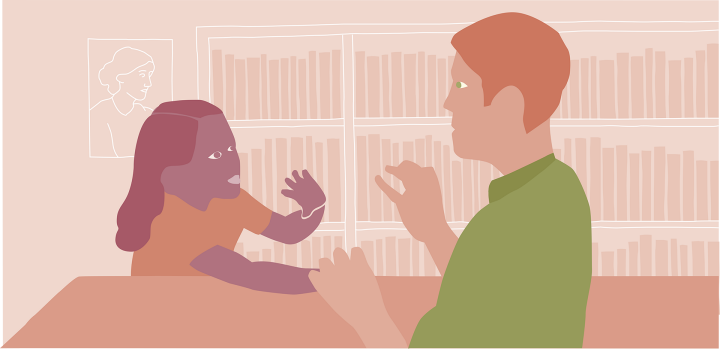 Illustration: En flicka sitter vid ett bord och tecknar med sin lärare