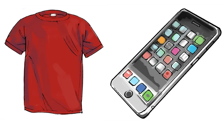 Illustrationen visar en röd t-shirt till vänster av bilden. Till höger på bilden är det en grå-svart smarttelefon där olika appar syns. 