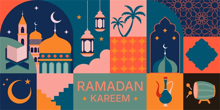 olika symboler som förknippas med ramadan: moskéer, halvmåne, lanternor, palmträd och texten ”Ramadan Kareem” i varma färger.