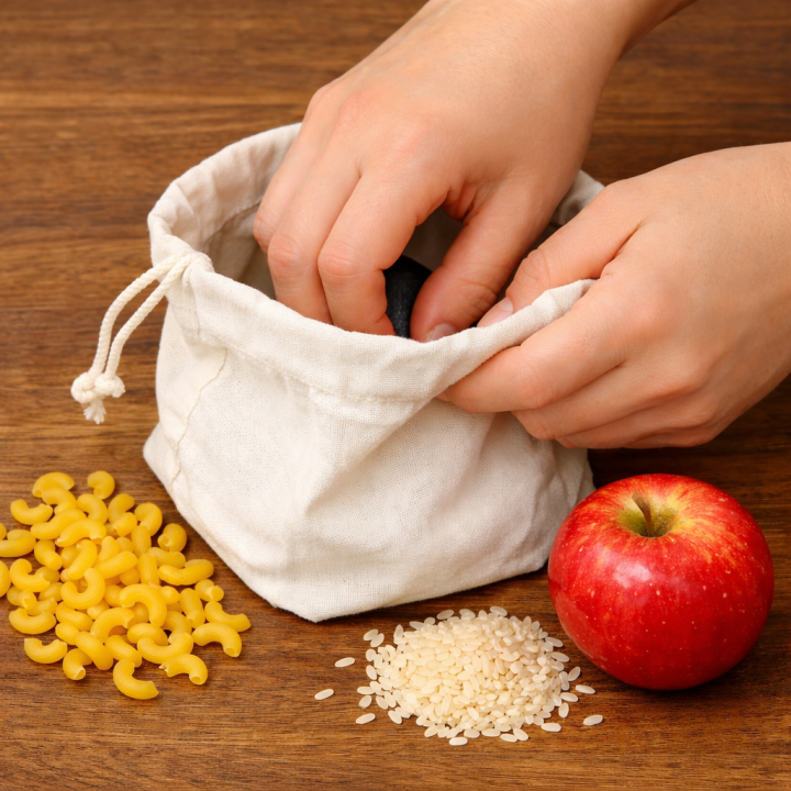 Bild på en liten tygpåse. Utanför ligger det ett äpple, riskorn samt makaroner