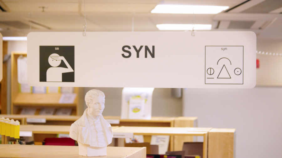 Informationsskylt med texten syn i skrift, bliss och pictogram