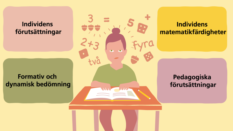 Illustration av en elev som sitter vid ett bord med en uppslagen bok framför sig. Runt om elevens huvud svävar siffror och matematiska tecken och symboler. Med i bilden finns även fyra block med texterna: Individens förutsättningar. Individens matematikfärdigheter. Formativ och dynamisk bedömning. Pedagogiska förutsättningar.