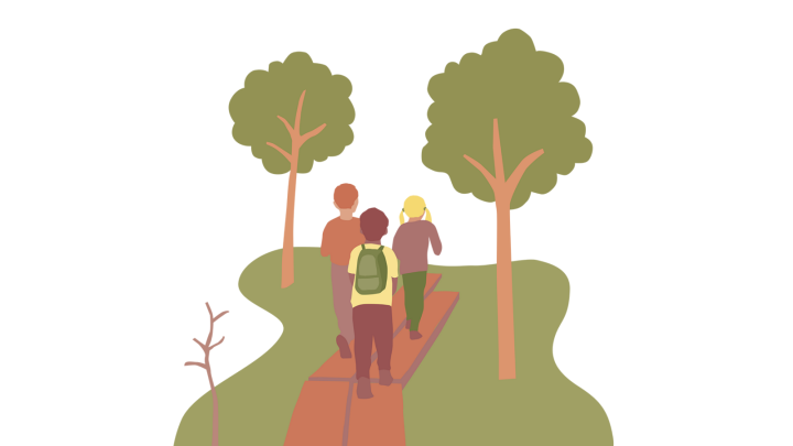 Illustration visar en gångväg med träd. Tre elever går på vägen.