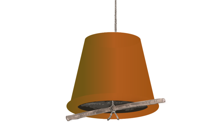 Illustration  av en fågelmatinstallation gjord av en kruka hängandes upp och ner tillsammans med en pinne och ett snöre.