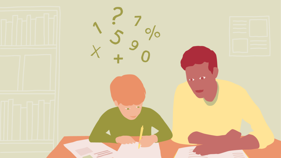 Illustration av en elev och en vuxen  som sitter vid ett bord. Ovanför eleven syns siffror och matematiska tecken.