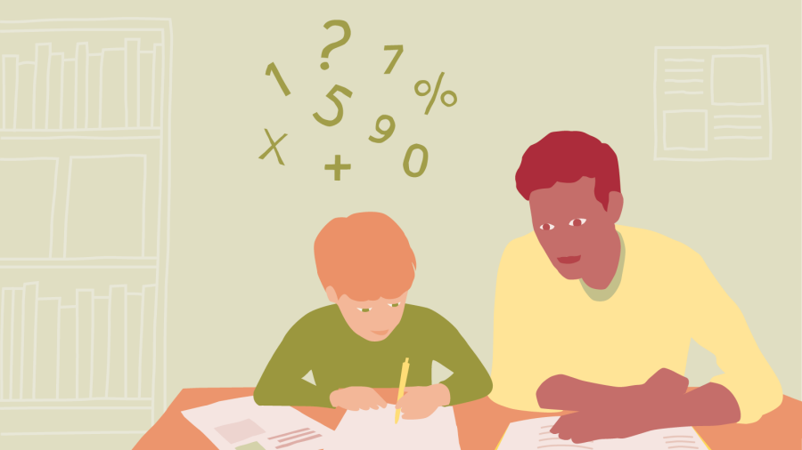 Illustration av en elev och en vuxen som sitter vid ett bord. Ovanför eleven syns siffror och matematiska tecken.