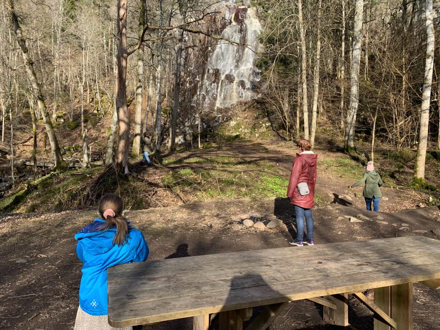 Två elever och en vuxen är i skogen och ser ett vattenfall.