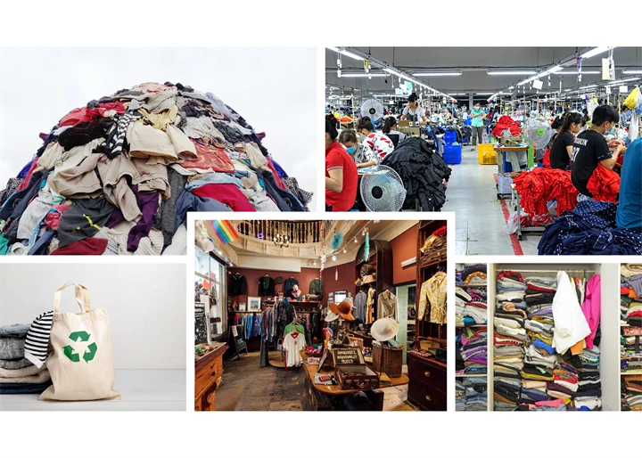 Collage av fotografier av kläder; en secondhandbutik, en garderob full med kläder, en hög med kläder, en klädfabrik och en påse med återvunna kläder. 
