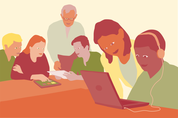Illustrationen visar en grupp människor som sitter och arbetar tillsammmans