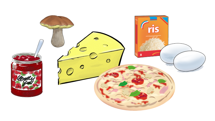Illustration av en syltburk, karljohansvamp, ost, pizza, ris och ägg