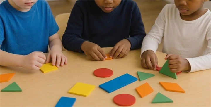 Elever som sorterar geometriska former efter egenskaper och färg.