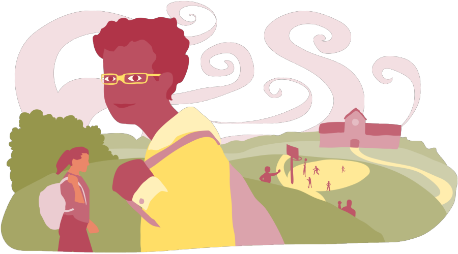 Illustration av en pojke som står med en ryggsäck framför en skola och en skolgård. Till vänster går en annan elev, i bakgrunden.