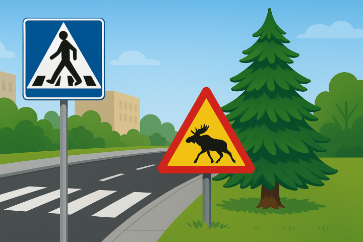Väg med ett övergångsställe och två vägmärken: ett övergångsställesskylt och en varningsskylt för älg bredvid en gran.