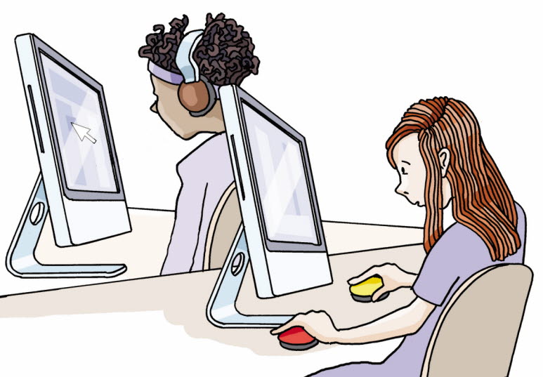Illustrationen visar en flicka som sitter framför en datorskärm och styr den med två puckar i händerna, en puck är röd och en puck är gul.