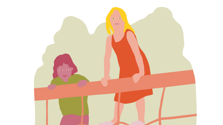 Illustrationen visar två elever som klättrar i ett klätterställ.