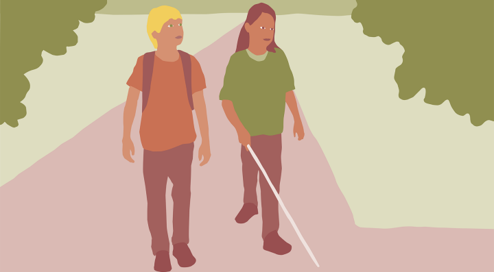 Illustration av två elever. En av dem går med blindkäpp.