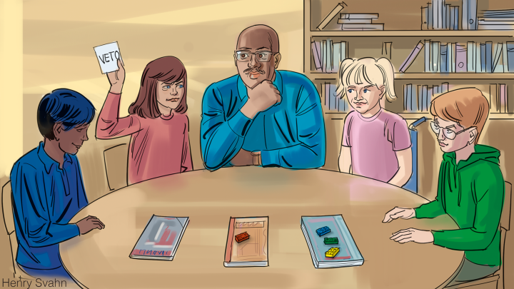 en äldre man och fyra ungdomar sitter runt ett bord. En ungdom håller upp en lapp med veto.